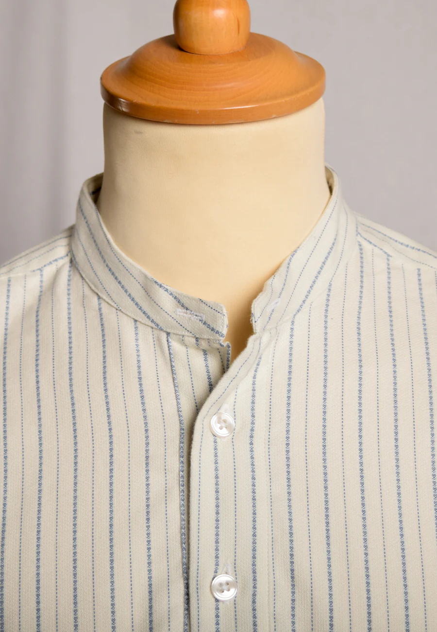 Cream / Blue Textured Stripe Grandad Shirt - Collarless (SH2124NB) - Image 4