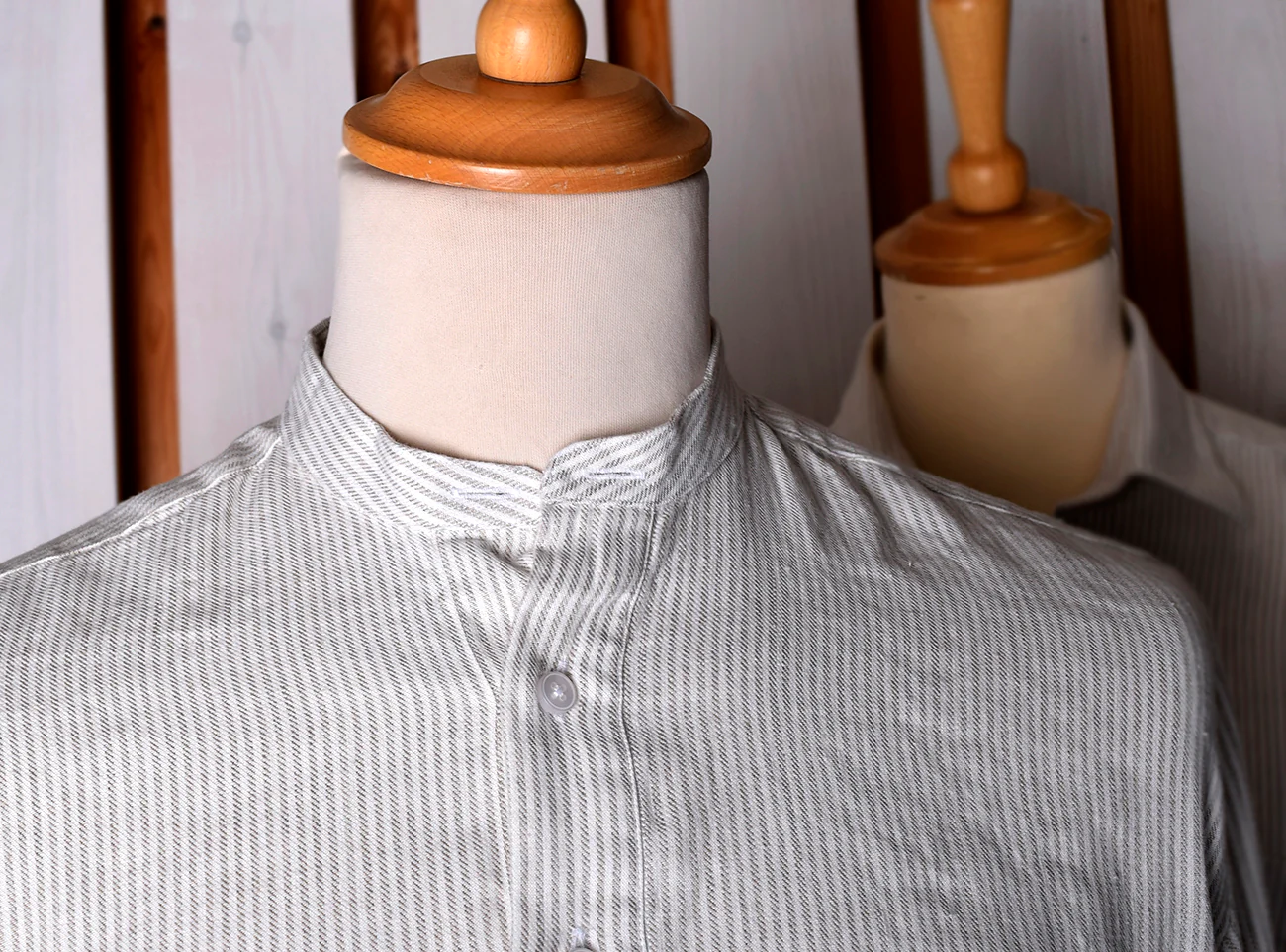 Linen / Cotton Stripe Grandad Work Shirt With Pocket - Collar Attached or Collarless (SH2210PA) - Image 6
