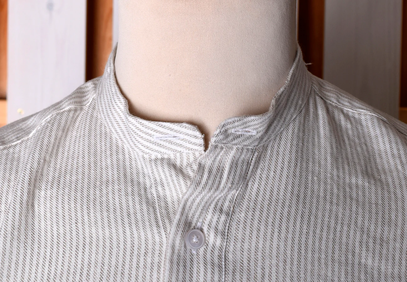 Linen / Cotton Stripe Grandad Work Shirt With Pocket - Collar Attached or Collarless (SH2210PA) - Image 10
