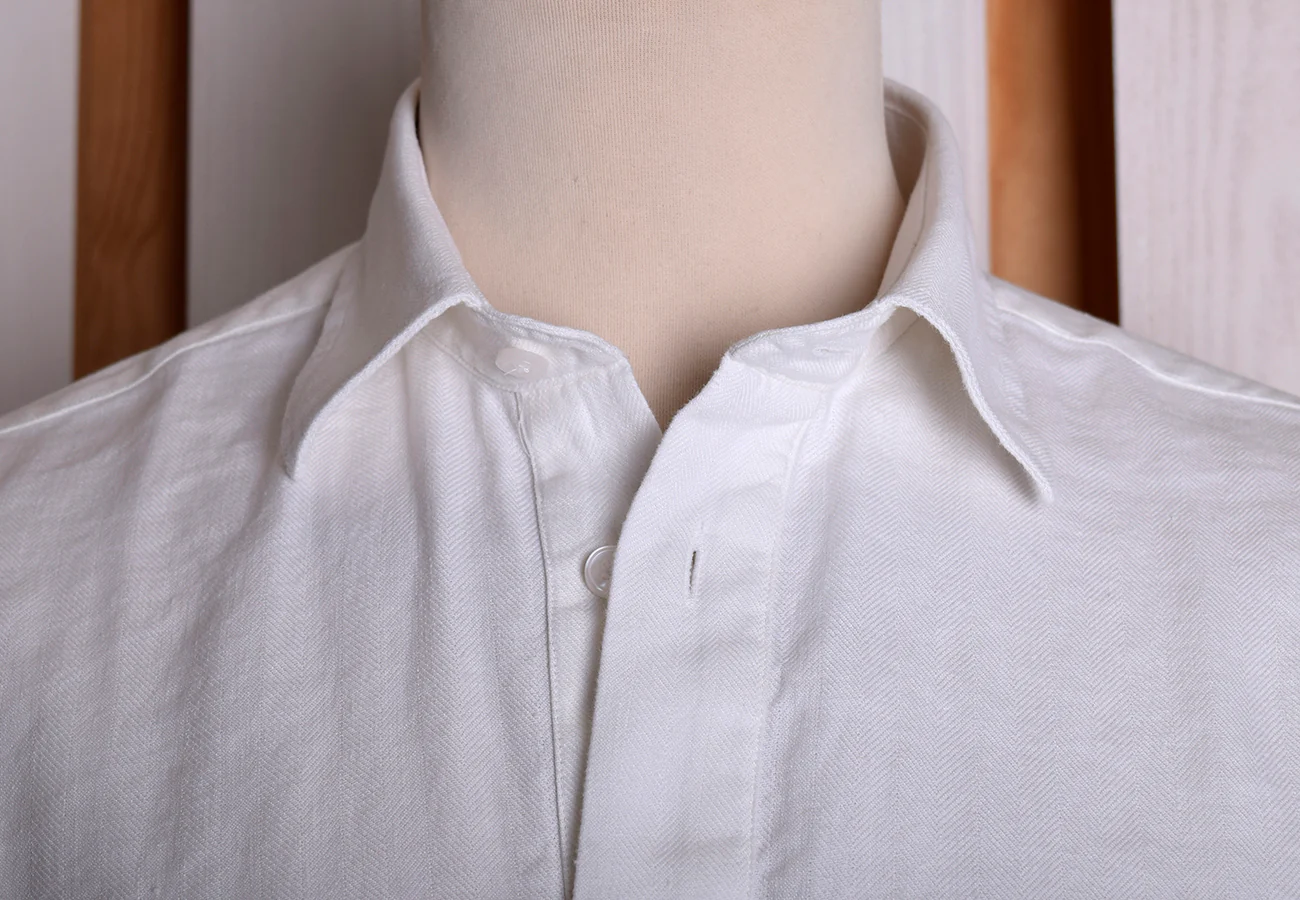 White Linen / Cotton Herringbone Shirt With Pocket - Classic Collar or Collarless (SH2211PA) - Image 10