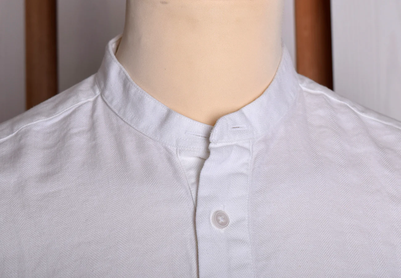 White Linen / Cotton Herringbone Shirt With Pocket - Classic Collar or Collarless (SH2211PA) - Image 5