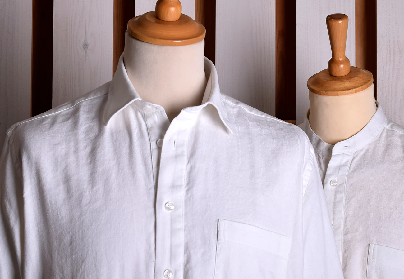 White Linen / Cotton Herringbone Shirt With Pocket - Classic Collar or Collarless (SH2211PA) - Image 6