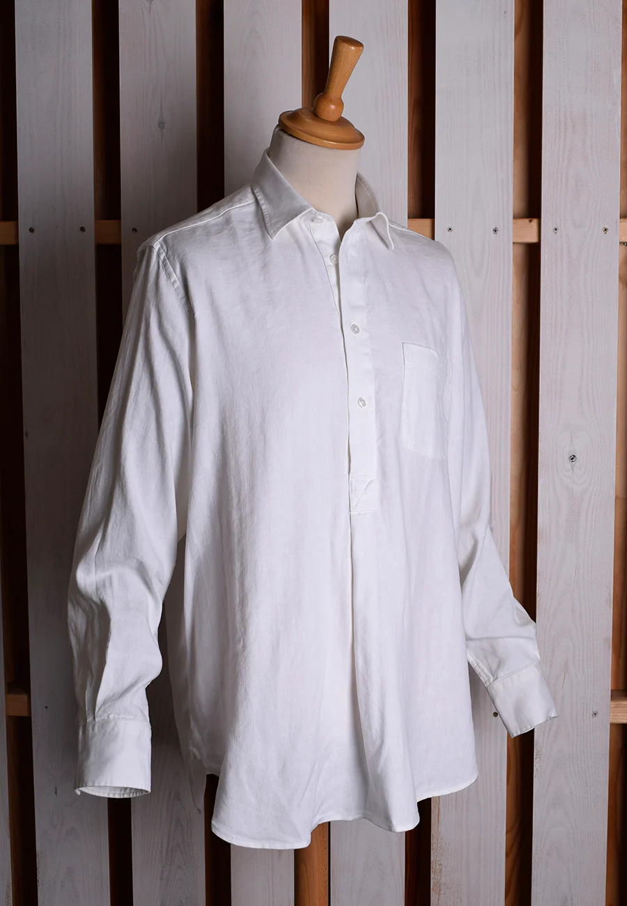 White Linen / Cotton Herringbone Shirt With Pocket - Classic Collar or Collarless (SH2211PA) - Image 7